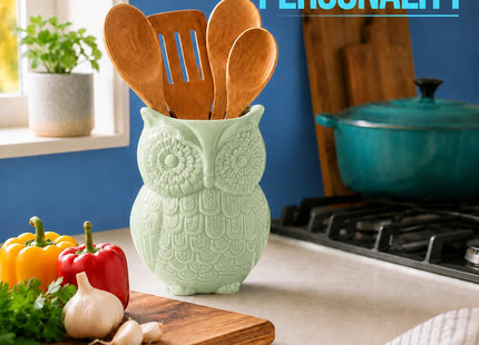 Comfify Sage Green Owl Utensil Holder – Decorative Ceramic Kitchen Crock