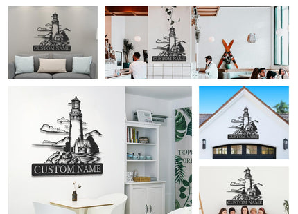 Personalized Lighthouse Metal Wall Art - Custom Nautical Name Sign, Outdoor Beach House Decor, Coastal Wall Decor Gift for Beach Lovers (Lighthouse A)