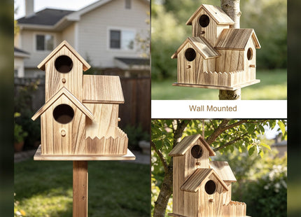 BlueYu Large Wooden Bird House for Outside, 3-Hole Birdhouse, Outdoor Bird Nesting Box for Bluebird Chickadee Finch Wren, Perfect for Garden Courtyard Decoration