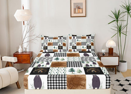 Kids Rustic Black Bear Bed Sheets Twin Woodland Animal Fitted Sheet For Boys Teen Men,Patchwork Black White Grey Buffalo Plaid Sheet Set Farmhouse Wooden Pine Tree Bear Paw Flat Sheet 3 Pcs