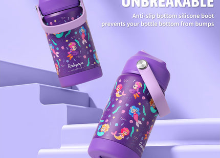rockpapa 14oz Kids Stainless Steel Water Bottle with Straws, Mermaid