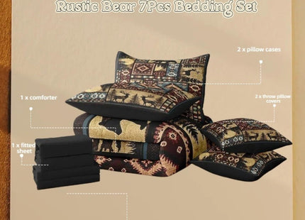Erosebridal Rustic Bear 7 Piece Comforter Set Queen Bed in a Bag,Buffalo Plaid Grid Bedding,Hunting Deer Farmhouse Cabin Decor Quilt,Retro Southwest Aztec Bed Set,Tribal Sheets,Brown Red