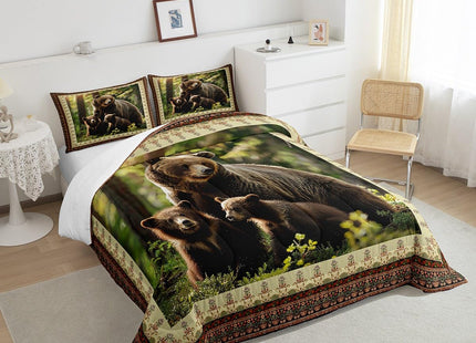 Black Bear Decor Comforter Set Twin Size,Rustic Cabin Wildlife Bear Duvet Insert for Kids Boys Girls Room Decor,Bohemia Exotic Flower Design Quilt Retro Country Style Inner Fill Bedding,Soft