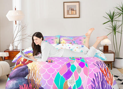 Erosebridal Mermaid Toddler Bedding Set - Mermaid Tail Comforter, Nautical Sea Animal Duvet Cover, Ocean Starfish Quilt Cover, Pastel Pink Purple Cute Room Decor for Girls, Queen Size