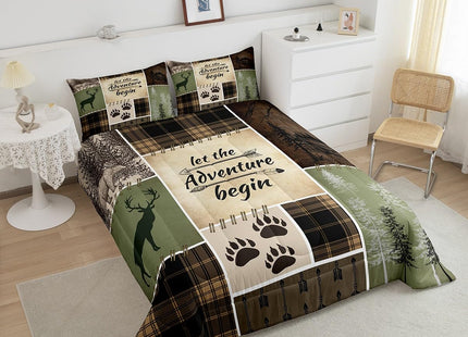 Rustic Patchwork King Size Quilt Bedding Set,Brown Plaid Check Adventure Comforter Set for Men Women Adults,Lodge Country Deer Bear Duvet Insert Retro Nordic Boho Arrow Down Comforter,3 Pieces