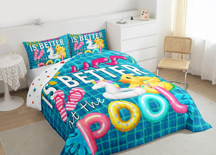 Castle Fairy Summer Cool Comforter Set,Swimming Pool Bedding Set for Kids Girls Women,Adults Beach Vacation Comforter,Flip-Flops Quilted Duvet Set Bedroom Collection Twin Size 2Pcs