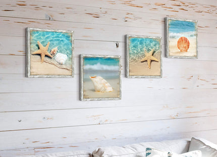 Beach Pictures Framed Wall Art: Seascape Artwork Set of 4 Seashell & Starfish Pictures Prints on Wood Ocean Wall Decor for Bedroom