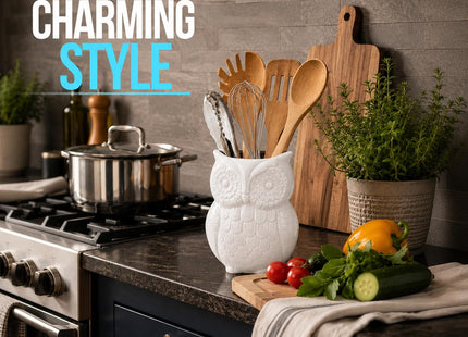 Comfify White Owl Utensil Holder – Decorative Ceramic Kitchen Crock