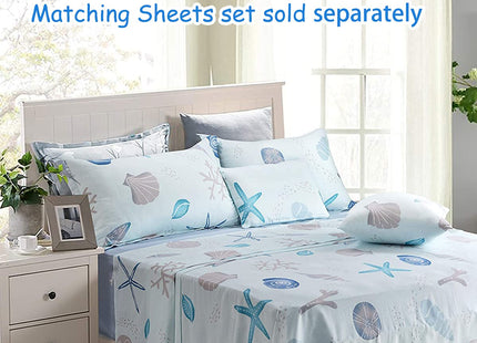 FADFAY Coastal Bedding Queen Comforter Set Cotton Fabric Kids Quilt Lightweight Beach Light Blue Reversible Starfish Printed Soft Summer 3 Piece