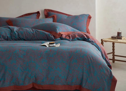 VM VOUGEMARKET Blue Red Duvet Cover Queen,3 Pieces Retro Jacquard Forest Theme Tree Leaves Bedding Set,Linen Cotton Yarn-Dyed Textured Duvet Cover with Zipper Closure