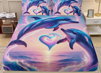 AILONEN Kids Jumping Dolphin Fitted Sheet Set,Love Dolphin Bedding Set for Girls Bedroom Decor Twin Size,Ocean Waves Bedsheets Set,Soft Microfiber,3-Piece,1 Sheet Set and 2 Pillowcases