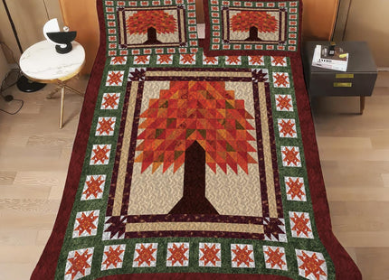 Jeminise Autumn Tree Quilt Blanket – Cozy Fall-Themed Bedspread with Patchwork Star, Soft Lightweight Bedspread - Cabin Decor Bedding for Autumn Lovers Bedroom
