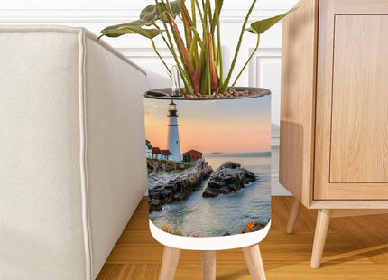 JWHFZMANPYK 8.7" Planter with Stand Portland Head Lighthouse Maine Sunset Indoor Self Watering Plant Pot with Legs Water Inlet & Water Level Indicator Lazy Flower Pot Boho Decor