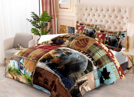 LUVIVIHOME 3PCS Rustic Cabin Comforter Set Queen Size, Bear Bedding Sets, Elk Deer Forest Woodland Animals Wildlife Hunting Country Farmhouse Red Buffalo Plaid Lodge Patchwork Quilt, 2 Pillow Shams