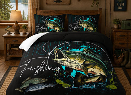 Nttopship Big Pike Fish Bedding ，Hunting and Fishing Brown Green Bedding Set Themed Comforter Set for Kids Boys Room Decor, Queen Bed in a Bag for Teens with 2 Pillowcases