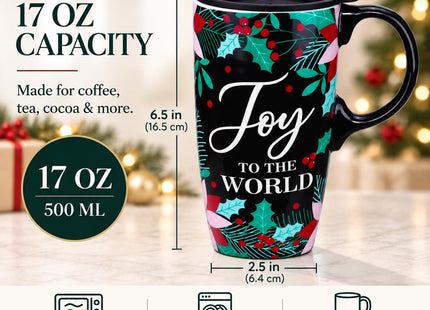 Topadorn 17oz Holly Joy Ceramic Coffee Mug with Lid