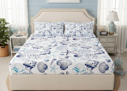 Homewish Coastal Sheet Set Twin Size,Beach Seashell Starfish Coral Bedding Set 3Pcs,Sea Ocean Theme Bed Sheet for Kids Teens Adult Bedroom Decor,Navy Sketch Nautical Fitted + Flat Sheet,1 Pillowcase
