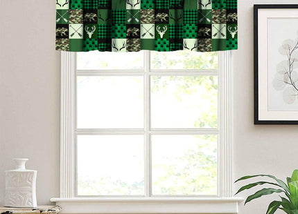 GoDazzling Rustic Deer Bear Kitchen Curtain Valance, Retro Cabin Hunting Theme Forest Wildlife Green Plaid Check Window Valance, for Bedroom Living Room Cafe Bathroom 1 Panels W54xL18in