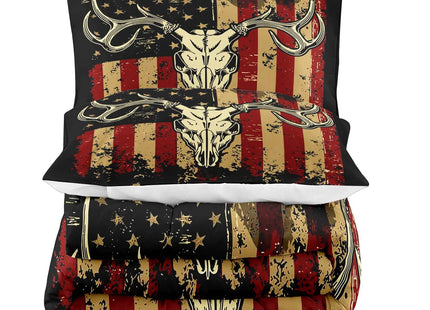 LUVIVIHOME 3PCS Deer Skull Comforter Set King Size, Patriotic American Flag Comforter, 4th of July Independence Day Hunter Elk Moose Wildlife Cabin Country Rustic Hunting Bedding Quilt, 2 Pillow Shams