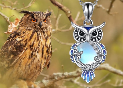 LUHE Moonstone Owl Necklace Gifts for Women Sterling Silver Filigree Owl Pendant Necklace Christmas Jewelry for Women