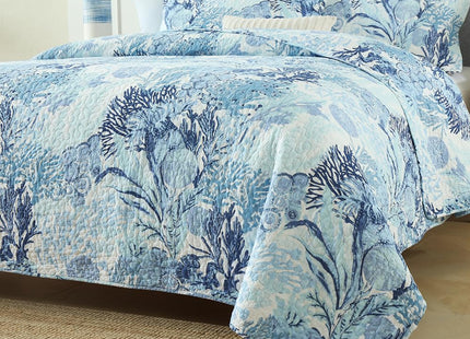 Autumn Dream Cotton Coastal Bedspread Quilt Sets Reversible Bedding Coverlet Sets Comforters, Fairytale Seaweed Blue Bedspread, Blue Ocean, Queen Size