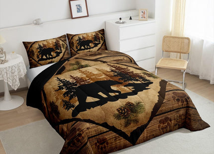 Lodge Cabin Bedding Set Queen Size 3 Pcs,Bear Wild Animal Silhouette Print Comforter Set for Kids Teens Adults,Jungle Pine Trees Brown Wooden Stripes Rustic Quilted Comforter with 2 Pillowcases