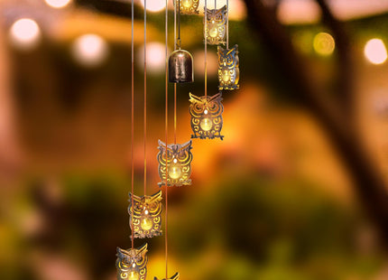 8 LED Solar Upgrade Owl Wind Chimes, Outdoor, Warm LED Owl Decor
