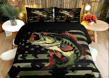 Bass Fish Camouflage Comforter Set Farmhouse Fishing Bedding Set for Kids Girls Women Adults Retro Green Camo Comforter Bass Fish Pattern Quilted Duvet Set Bedroom Collection Twin Size 2Pcs