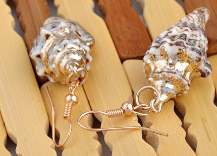 Alilang Golden Accent Marine Nautical Brown White Conch Seashell Fish Mermaid Dangle Drop Earrings