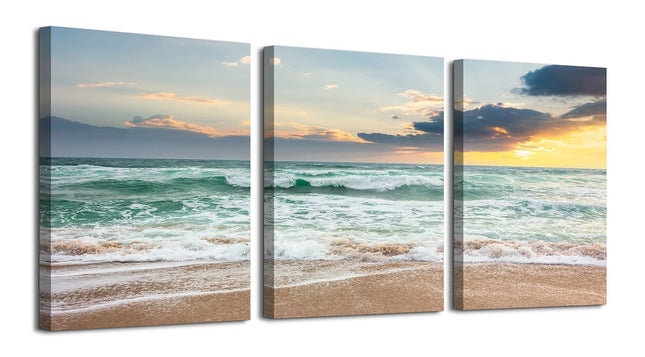 daktenn 3 Piece Beach Wall Art Ocean Wall Art Sunset Pictures Wall Decor Beach Pictures Wall Art Wave Posters Coastal prints Ocean Wall Decor 12x16 x3Panels