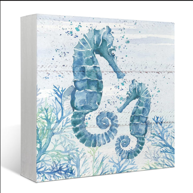 Mtrgdn Seahorse Decor,Seahorse Bathroom Wood Box Sign Decor,Rustic Beach Room Decorations for Coastal Beach House Bathroom Wall Shelf Table Desk,Gift for Ocean Lovers,5x5 Inch