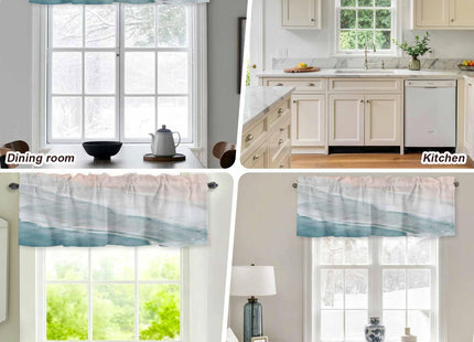 Chucoco Summer Ocean Valance Curtain for Window,Coastal Beach Sea Waves Rod Pocket Kitchen Valances Blue Khaki Gradient Short Curtain Windows Treatment Drape for Bathroom/Living Room/Bedroom/Cafe