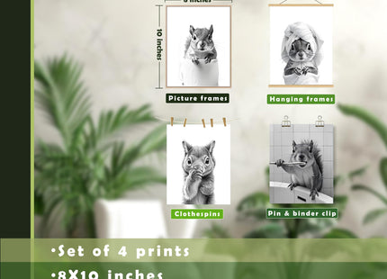 LUKIPOM Funny Squirrel Bathroom Wall Art Prints 8x10 Set of 4, Funny Squirrel Wall Art Posters for Bathroom Washroom Restroom Decor, Unframed