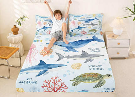 Erosebridal Ocean Animal Theme Queen Fitted Sheet, Whale Shark Sea Turtle Jellyfish Bedding Set for Kids Girls Boys, Cute Sea Animals Bed Sheets(No Flat Sheet), Coastal Beach Room Decor