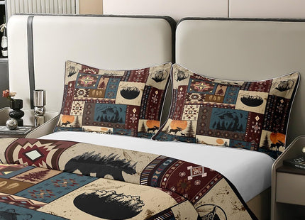 100% Cotton Bohemian Deer Comforter Cover Queen, Bear Wildlife Hunting Theme Duvet Cover, Cabin Decor Buffalo Plaid Grid Bedding Set for Kids Teens, Retro Xmas Pine Tree Geometric Quilt Cover, 3Pcs