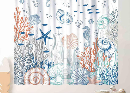 Beach Window Curtains, Coastal Nautical Ocean Theme Anchor Starfish Seashell Vintage Rod Pocket Curtain Drapes for Kitchen Living Room Bedroom 2 Panel Sets, 52"x84" Inch