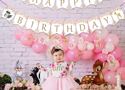 Kreatwow Woodland Happy Birthday Banner Woodland Birthday Party Decorations Girls Jungle Forest Animal Creatures Bunting Banner Garland for Girls
