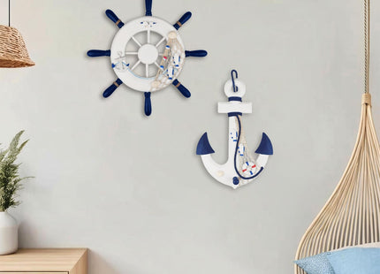 Meching 2 Pack 13" Nautical Beach Wooden Ship Wheel and 13" Wood Anchor with Rope Nautical Boat Steering Wheel Rudder Anchor Wall Decor Door Hanging Ornaments Beach Theme Home Wall Decoration