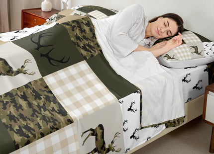 Camouflage Sheet Set Twin Size Woodland Camo Bed Sheet Set 3pcs with Deep Pocket Fitted Sheet + Flat Sheet + 1 Pillowcase Green and Beige Plaid Deer Print Bedding Set for Kids Boys Teens Room Decor