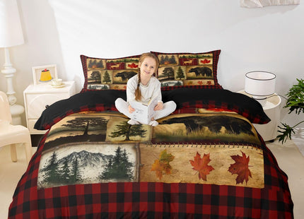 Bear Cabin Plaid Duvet Cover King, Rustic Farmhouse Comforter Cover, Retro Hunting Deer Bedding Set, Country Woodland Pine Tree Bed Cover, Maple Leaf Lodge Decor Quilt Cover, Red Black Brown