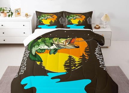 Erosebridal Big Pike Fish Bedding Set for Kids Boys Girl Fishing Hunting Comforter Set Toddler Country Woodland Adventure Bedding Comforter Sets Farmhouse Hunter Cabin Duvet Insert Animal Theme Quilt