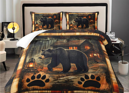 Rustic Black Bear Cabin Comforter 3Pcs Twin Wildlife Bear Claw Bedding Set
