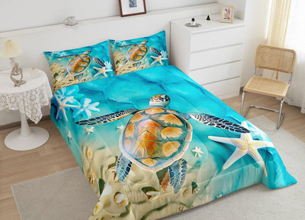 Erosebridal Ocean Themed Bedding Queen Sea Turtle Comforter Set, Hawaiian Beach Bedding Sets & Collections Teal Aqua Tortoise Down Comforter, Coastal Starfish Coral Bed Sets Aesthetic Room Decor 3pcs