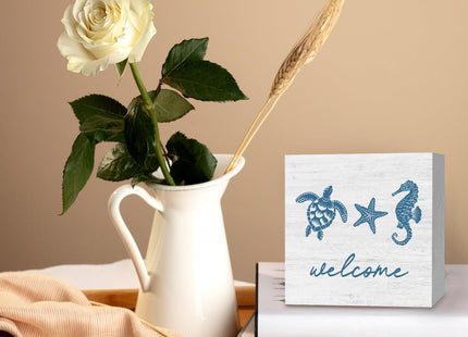 JRTW Welcome Rustic Summer Beach Wood Box Sign, 5x5 inches, Modern Starfish Theme, Tabletop Mount, Home & Office Decor