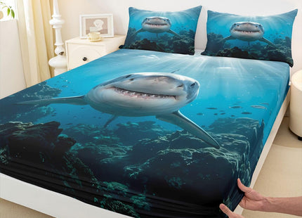 Feelyou Kids Shark Fitted Sheet Ocean Creature Bed Sheet Set Deep Pocket Sea Animal Bedding Baby/Boys Full Size Includes 1 Sheets & 2 Pillowcases (No Flat Sheet)