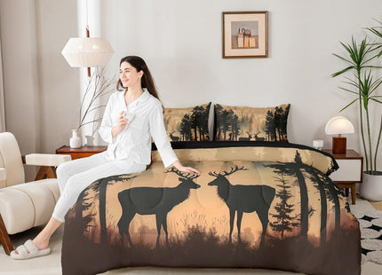 Erosebridal Wildlife Deer Queen Bedding Set 7 Piece Cabin Farmhouse Bed in A Bag with Sheets Rustic Country Comforter Set for Kids Adults,Sunset Pine Tree Bed Sets