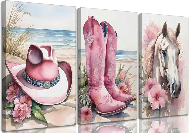 Djmwtb Coastal Cowgirl Wall Art Western Canvas Art Prints Set of 3, 12x16in