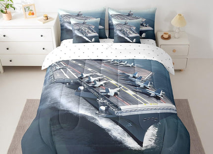 Erosebridal Aircraft Carrier 7 Piece Comforter Set Twin Military Style Bedding Sets for Kids Adults Battleship Fighter Flight Bed in A Bag Ocean Nautical Sheet Set with Comforter