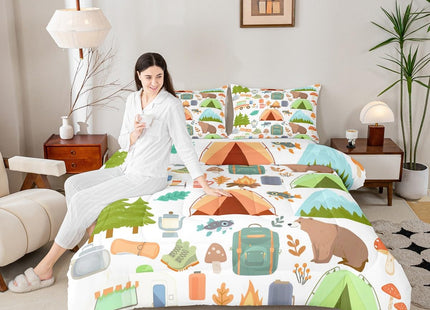 Cute Camper Car Comforter Set Full, Happy Camping Bedding Sets for Kids Girls Boys, Woodland Bear Hunting Theme Quilt Set, Camper Accessories Bedding, Travel Trailers Rv Decoration Down Comforter