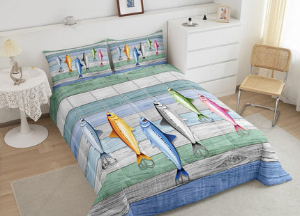 Fish Pattern Duvet Insert Twin,Kids Fish Hook Fishing Bedding Set for Boys Girls,Rustic Farmhouse Comforter Set for Bedroom Decor,Western Style Wood Barn Door Quilted Comforter with 1 Pillow Sham